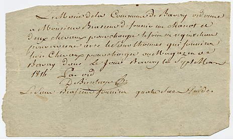 Ordre de réquisition adressé par la Mairie de Bavay à Pierre Joseph Brasseur. 1814.